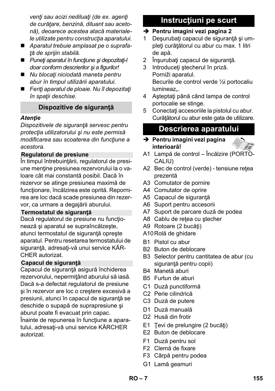 Instrucţiuni pe scurt descrierea aparatului | Karcher SC 3-000 User Manual | Page 155 / 246