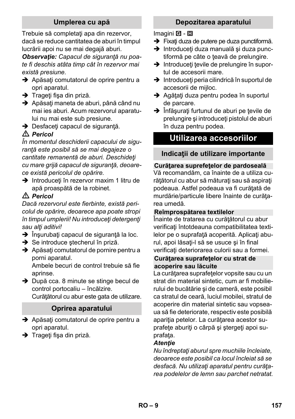 Utilizarea accesoriilor | Karcher SC 3-000 User Manual | Page 157 / 246