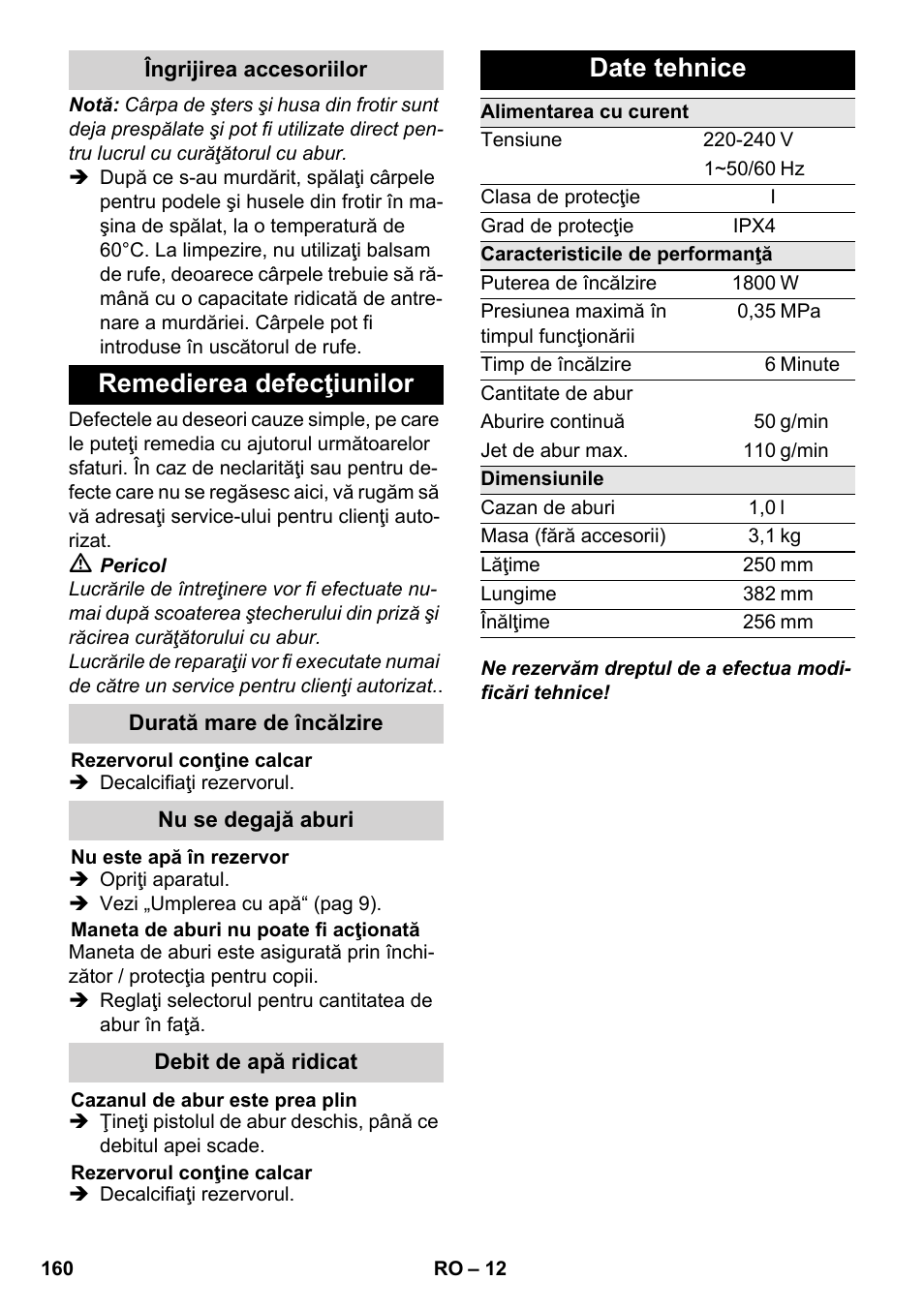 Remedierea defecţiunilor, Date tehnice | Karcher SC 3-000 User Manual | Page 160 / 246