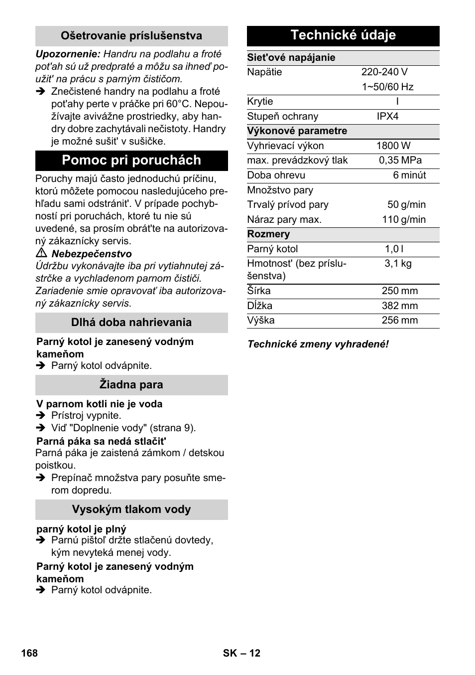 Pomoc pri poruchách, Technické údaje | Karcher SC 3-000 User Manual | Page 168 / 246