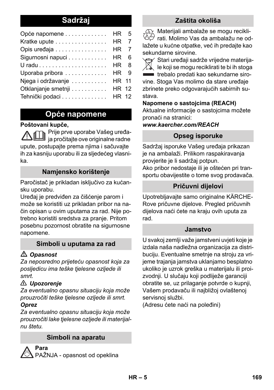Hrvatski, Sadržaj, Opće napomene | Karcher SC 3-000 User Manual | Page 169 / 246