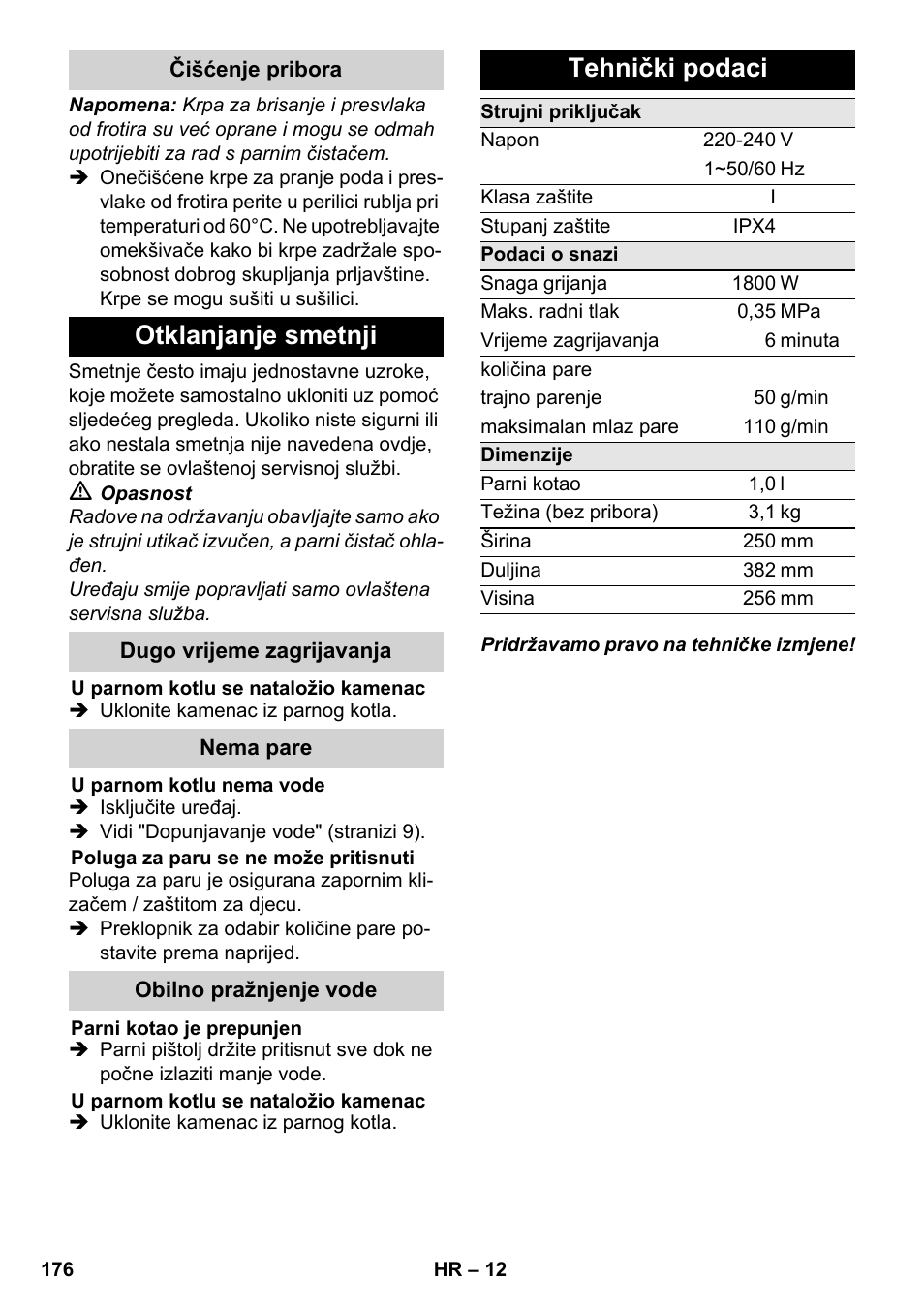 Otklanjanje smetnji, Tehnički podaci | Karcher SC 3-000 User Manual | Page 176 / 246