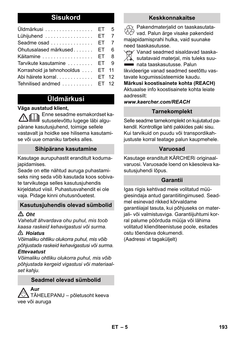 Eesti, Sisukord, Üldmärkusi | Karcher SC 3-000 User Manual | Page 193 / 246