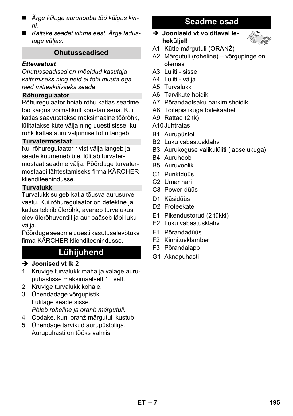 Lühijuhend seadme osad | Karcher SC 3-000 User Manual | Page 195 / 246
