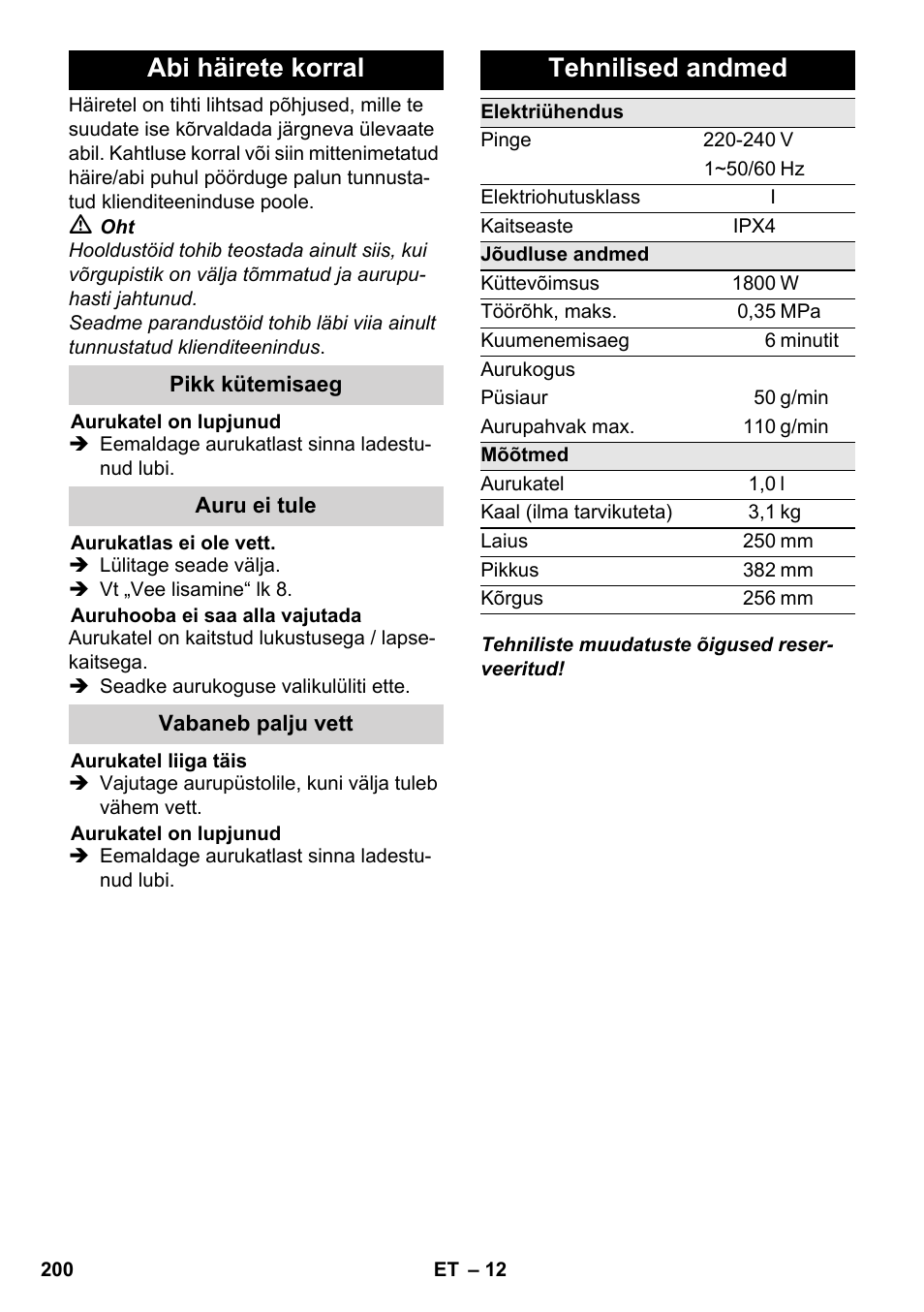 Abi häirete korral, Tehnilised andmed | Karcher SC 3-000 User Manual | Page 200 / 246