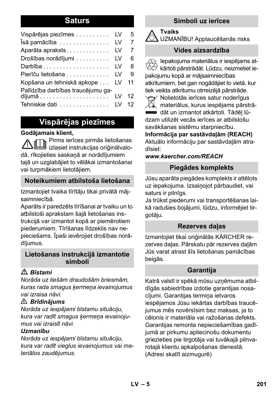 Latviešu, Saturs, Vispārējas piezīmes | Karcher SC 3-000 User Manual | Page 201 / 246
