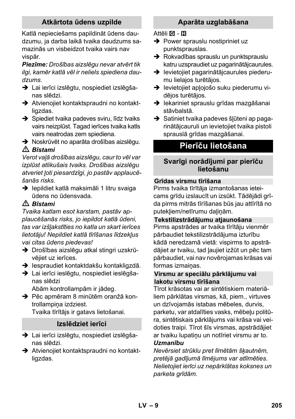 Pierīču lietošana | Karcher SC 3-000 User Manual | Page 205 / 246