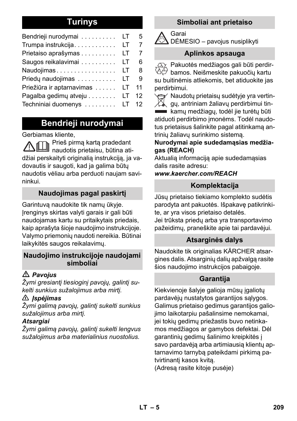 Lietuviškai, Turinys, Bendrieji nurodymai | Karcher SC 3-000 User Manual | Page 209 / 246