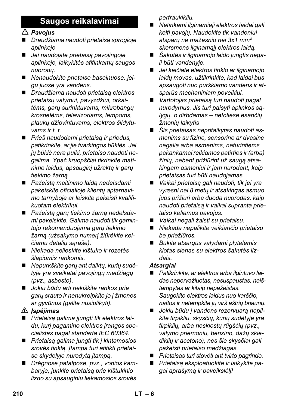 Saugos reikalavimai | Karcher SC 3-000 User Manual | Page 210 / 246