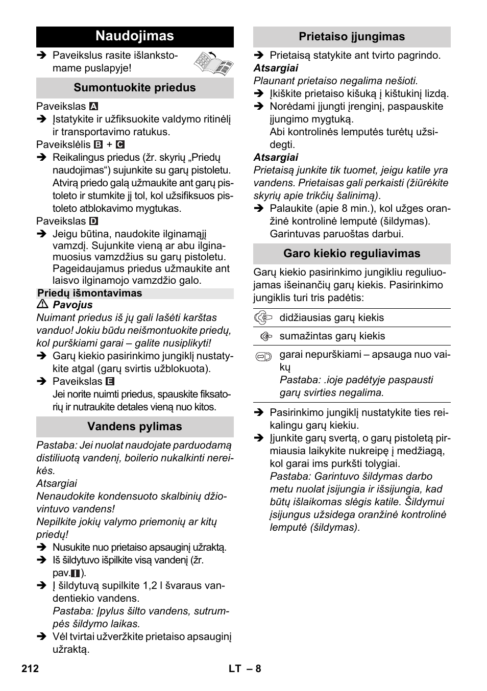 Naudojimas | Karcher SC 3-000 User Manual | Page 212 / 246