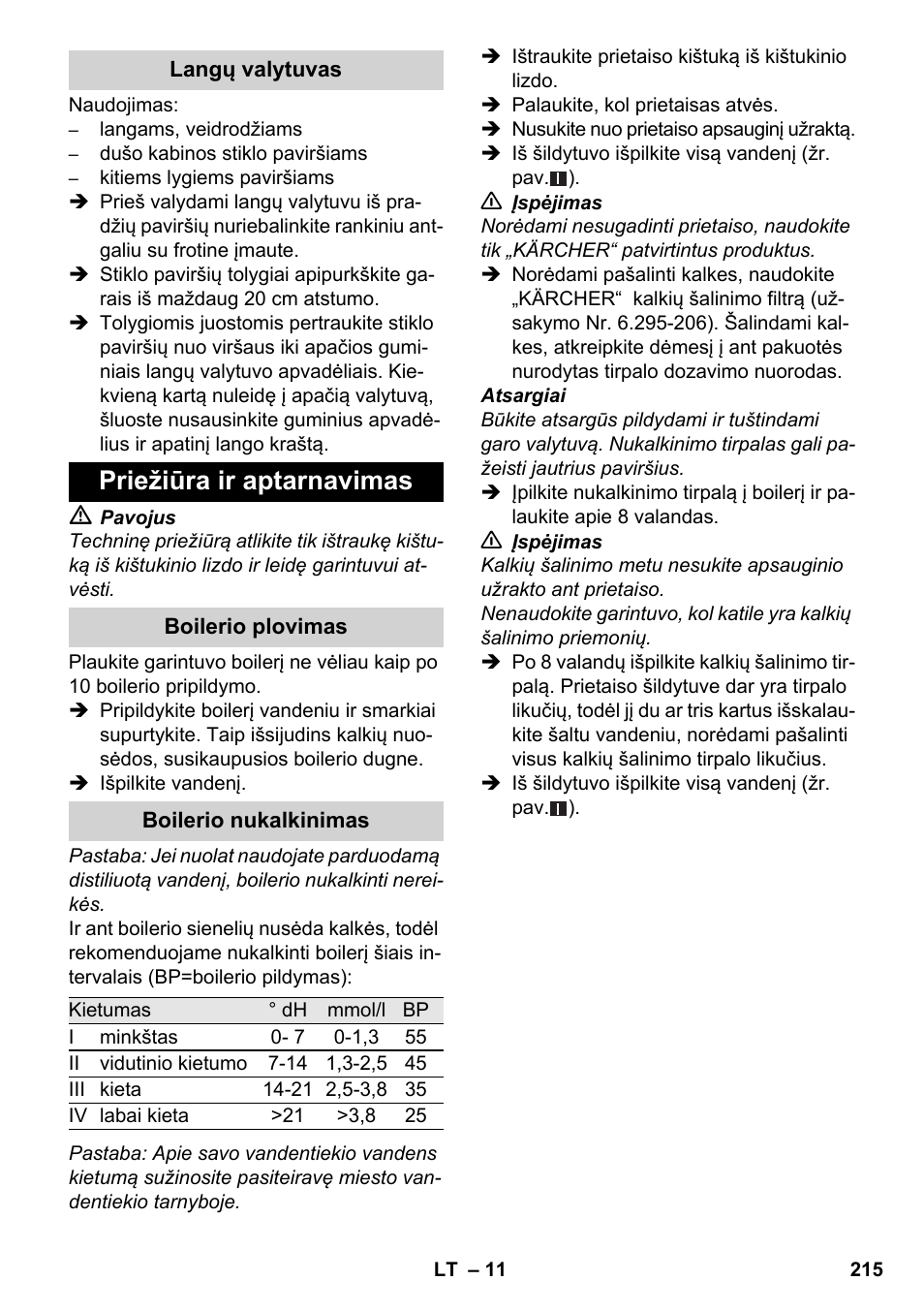 Priežiūra ir aptarnavimas | Karcher SC 3-000 User Manual | Page 215 / 246