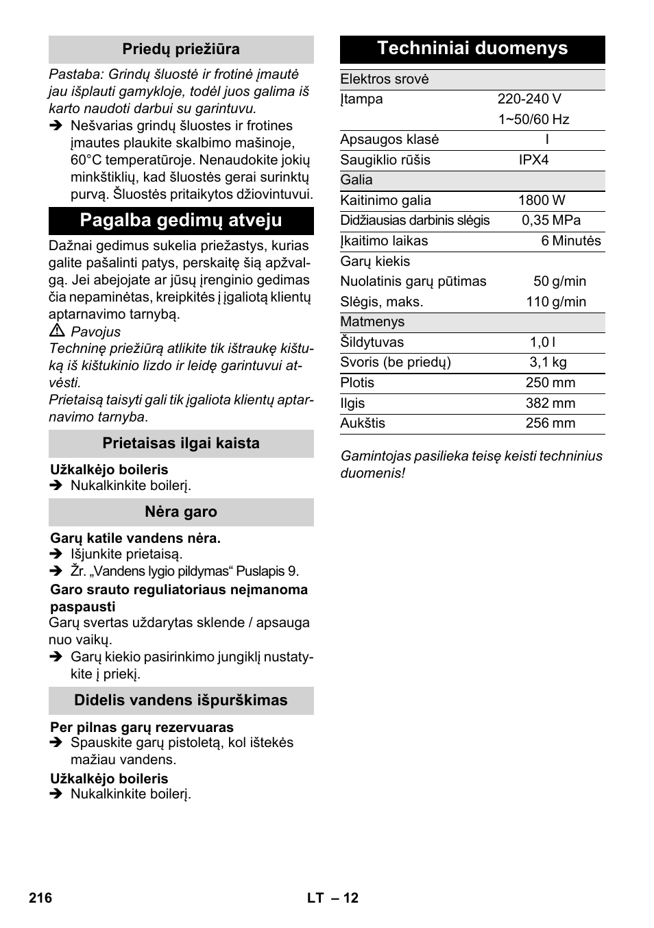 Pagalba gedimų atveju, Techniniai duomenys | Karcher SC 3-000 User Manual | Page 216 / 246