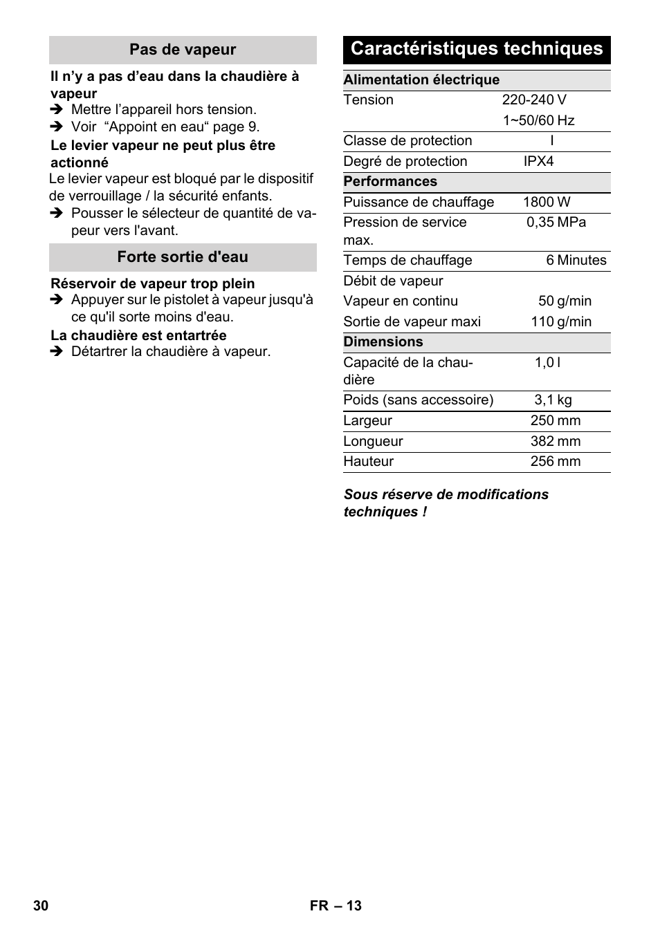 Caractéristiques techniques | Karcher SC 3-000 User Manual | Page 30 / 246