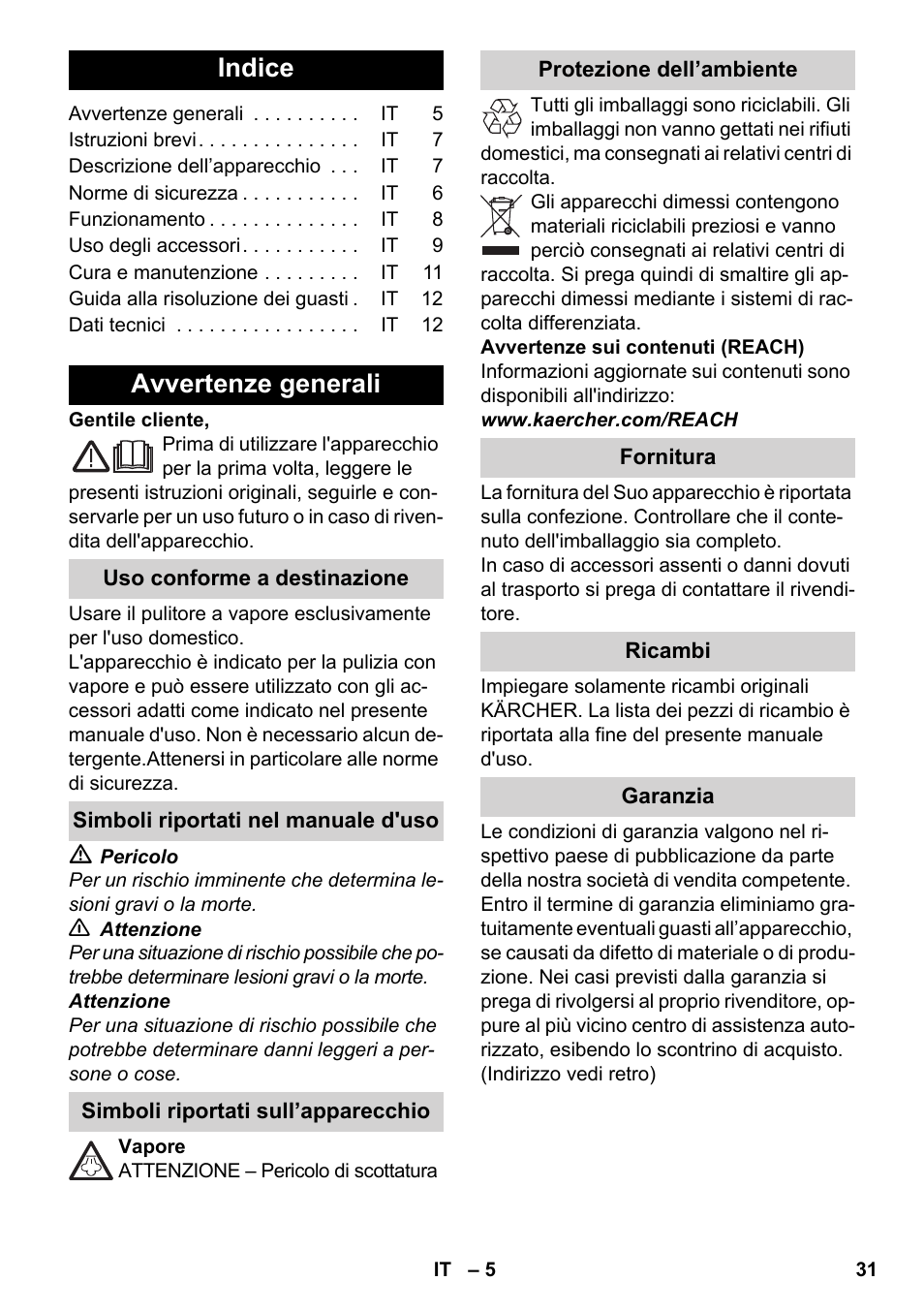 Italiano, Indice, Avvertenze generali | Karcher SC 3-000 User Manual | Page 31 / 246