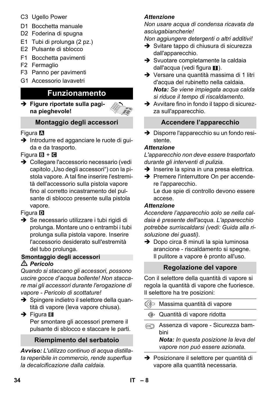 Funzionamento | Karcher SC 3-000 User Manual | Page 34 / 246