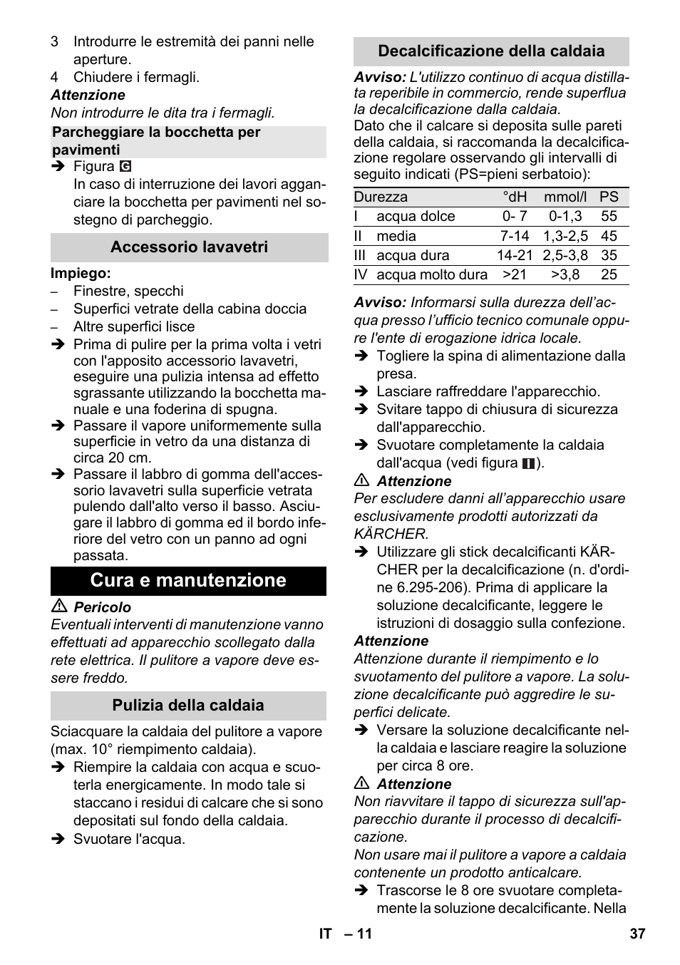 Cura e manutenzione | Karcher SC 3-000 User Manual | Page 37 / 246