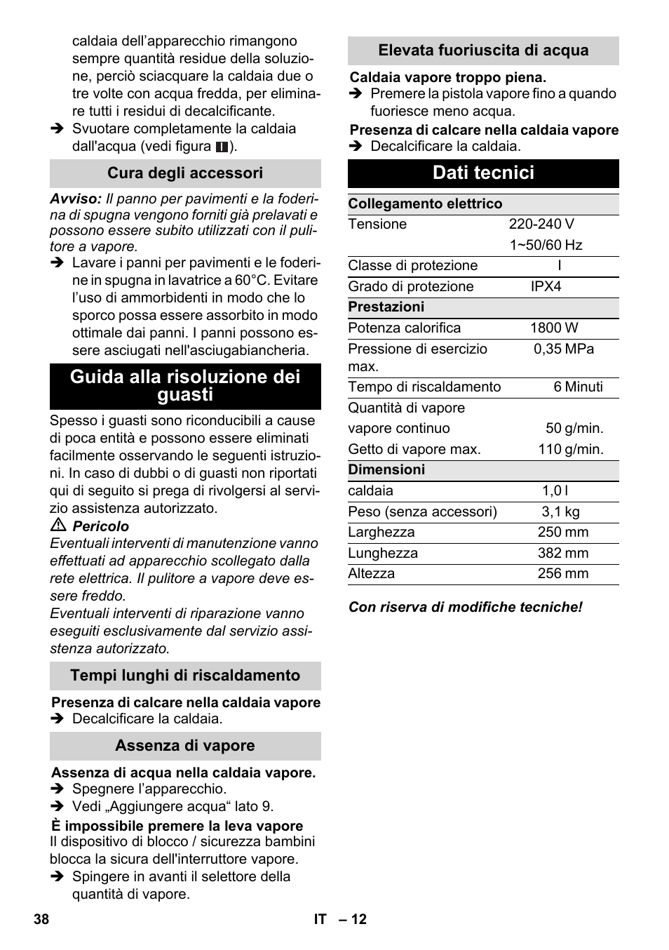 Guida alla risoluzione dei guasti, Dati tecnici | Karcher SC 3-000 User Manual | Page 38 / 246