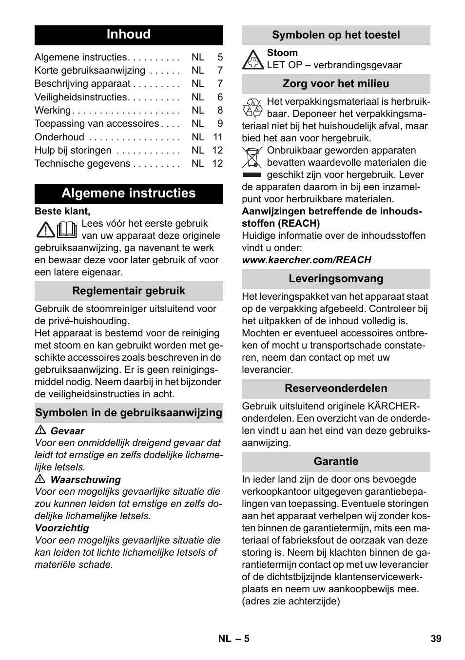 Nederlands, Inhoud, Algemene instructies | Karcher SC 3-000 User Manual | Page 39 / 246