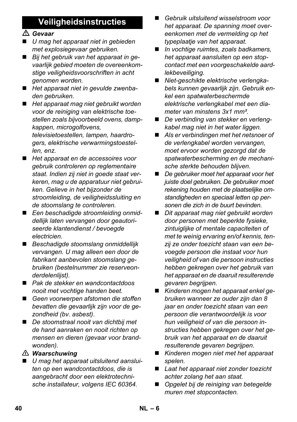 Veiligheidsinstructies | Karcher SC 3-000 User Manual | Page 40 / 246