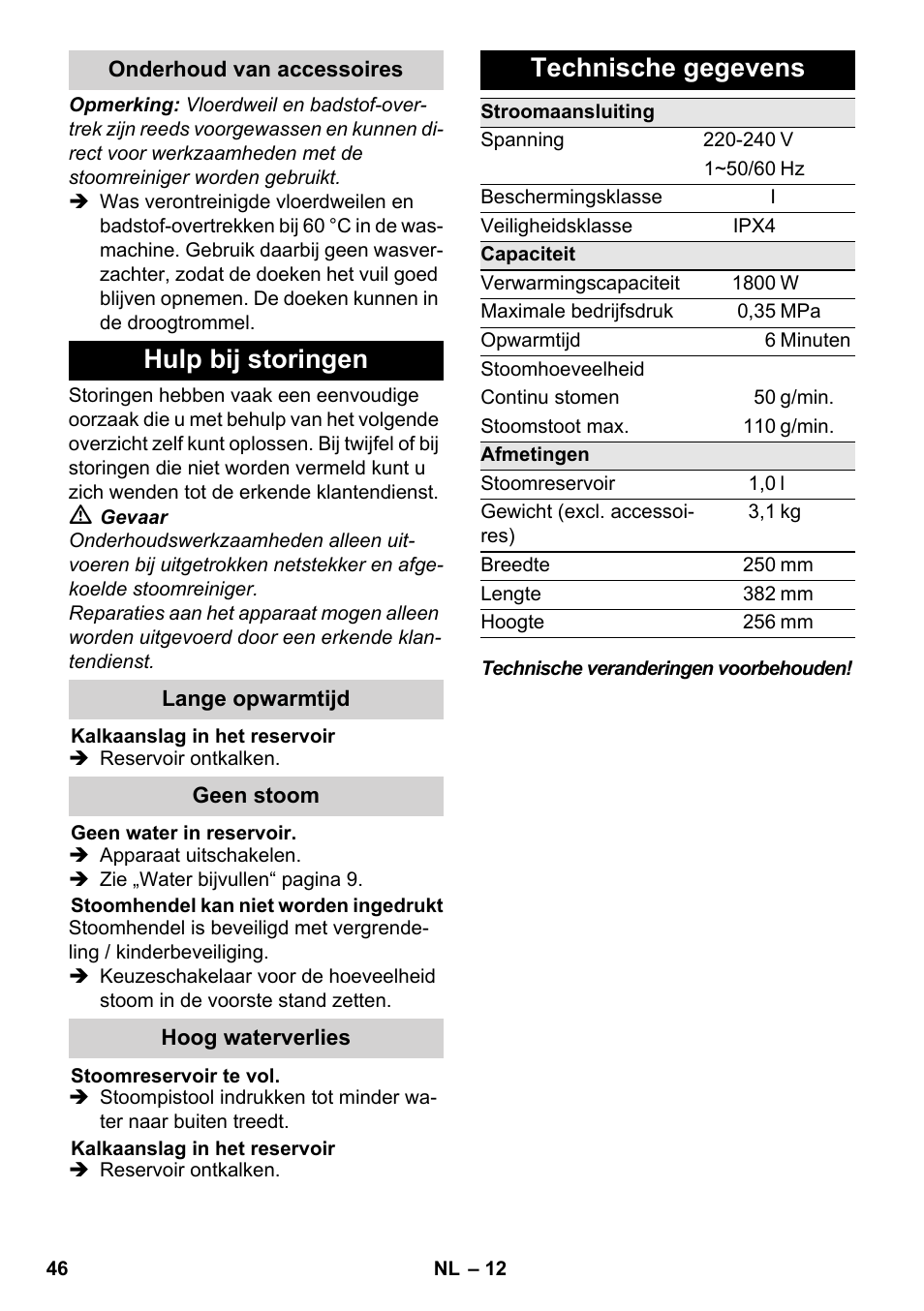 Hulp bij storingen, Technische gegevens | Karcher SC 3-000 User Manual | Page 46 / 246