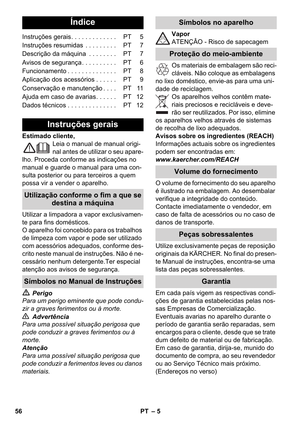 Português, Índice, Instruções gerais | Karcher SC 3-000 User Manual | Page 56 / 246