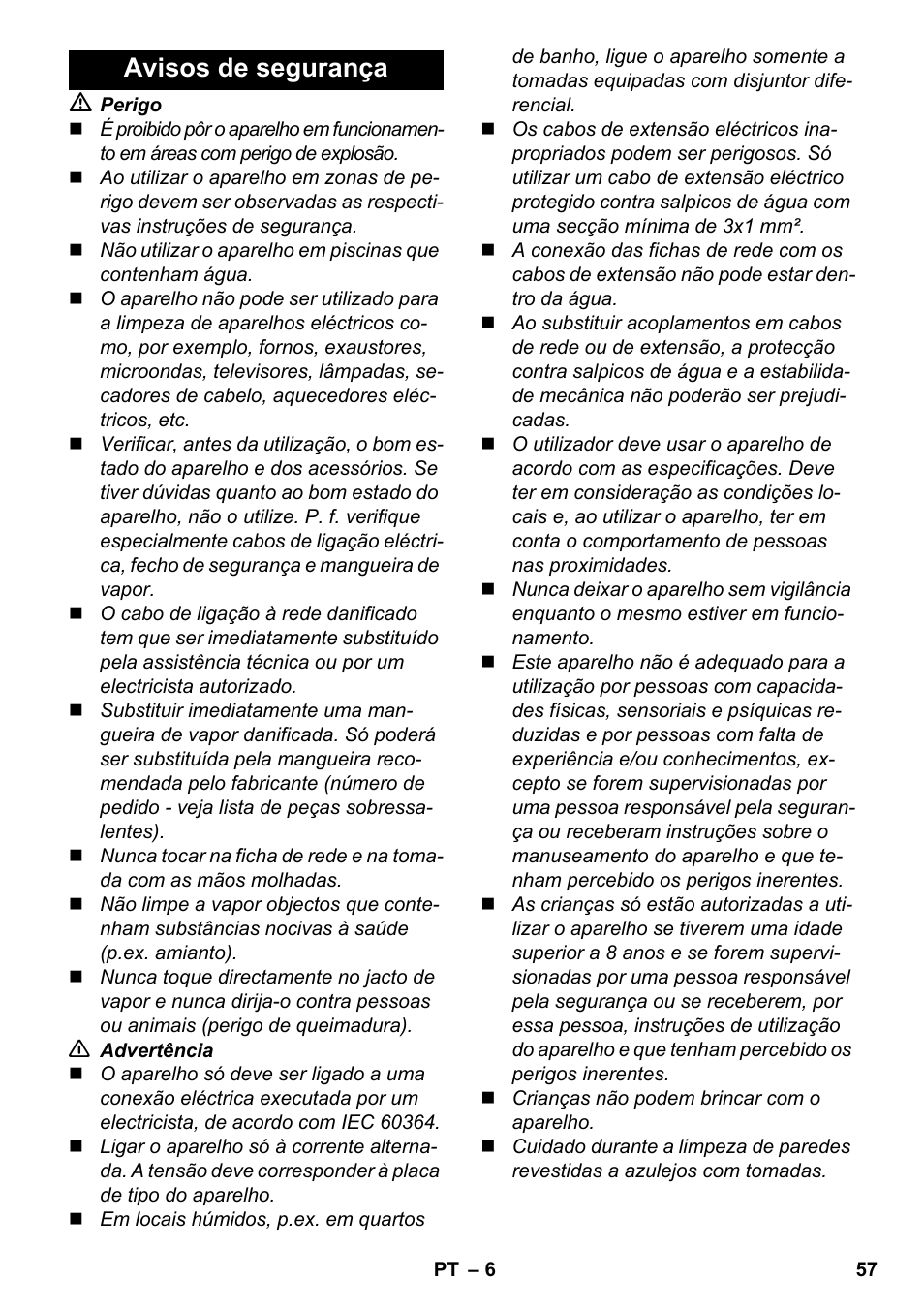 Avisos de segurança | Karcher SC 3-000 User Manual | Page 57 / 246