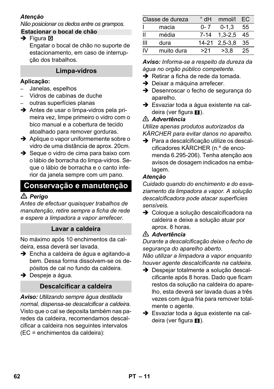 Conservação e manutenção | Karcher SC 3-000 User Manual | Page 62 / 246