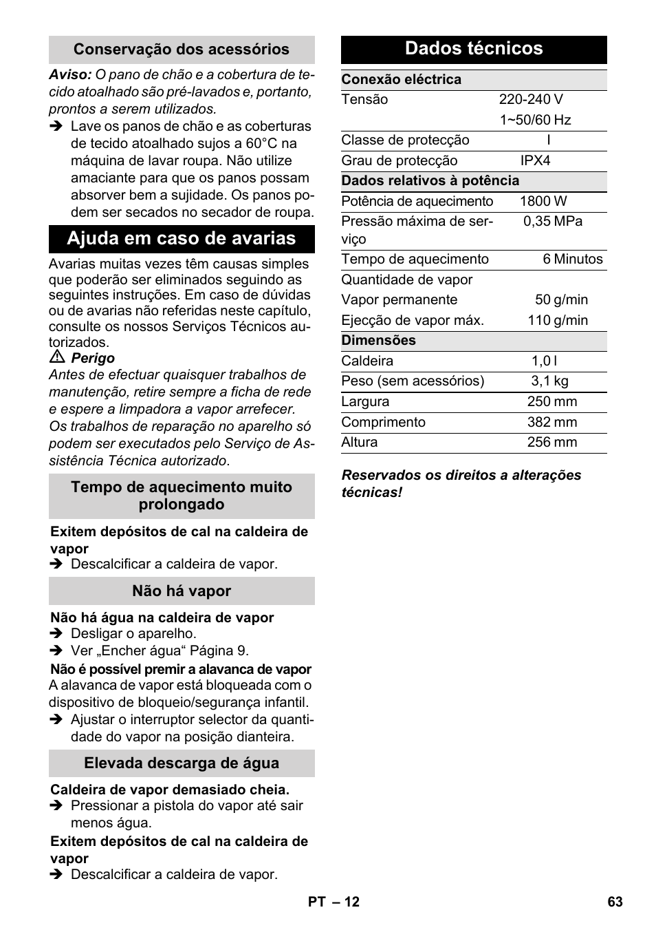 Ajuda em caso de avarias, Dados técnicos | Karcher SC 3-000 User Manual | Page 63 / 246