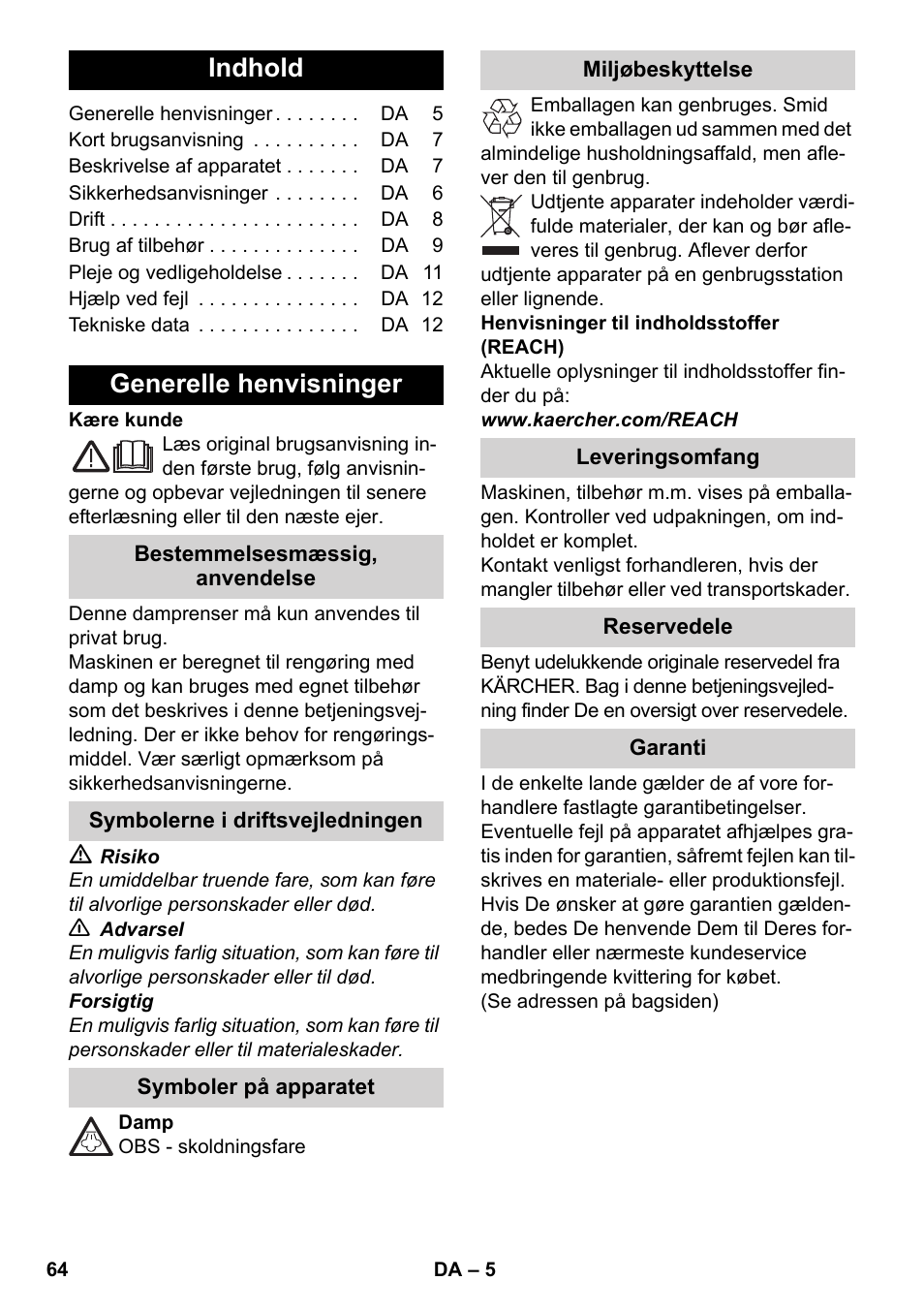 Dansk, Indhold, Generelle henvisninger | Karcher SC 3-000 User Manual | Page 64 / 246