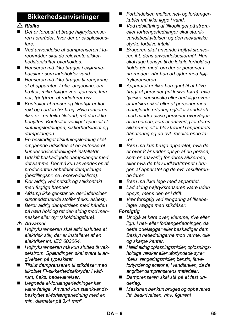 Sikkerhedsanvisninger | Karcher SC 3-000 User Manual | Page 65 / 246