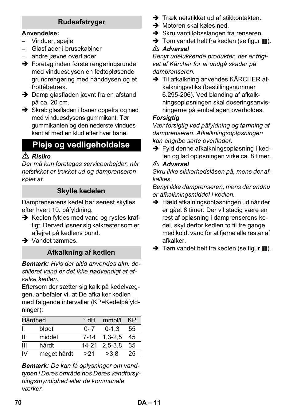 Pleje og vedligeholdelse | Karcher SC 3-000 User Manual | Page 70 / 246