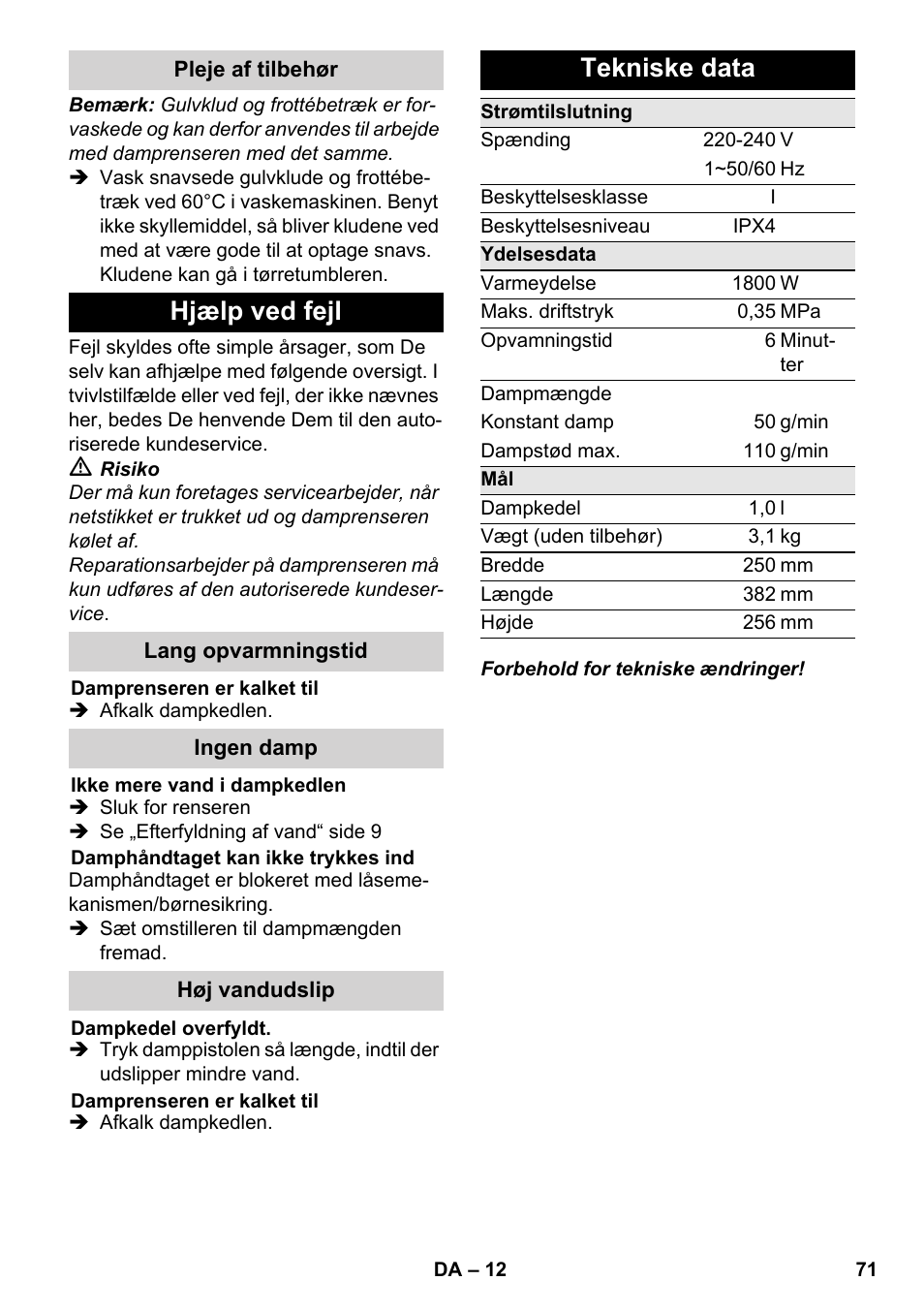 Hjælp ved fejl, Tekniske data | Karcher SC 3-000 User Manual | Page 71 / 246