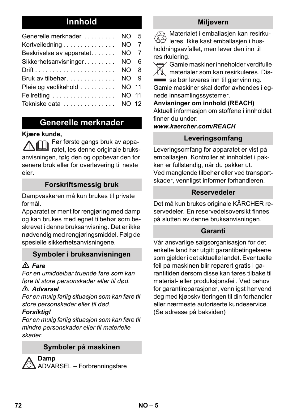 Norsk, Innhold, Generelle merknader | Karcher SC 3-000 User Manual | Page 72 / 246