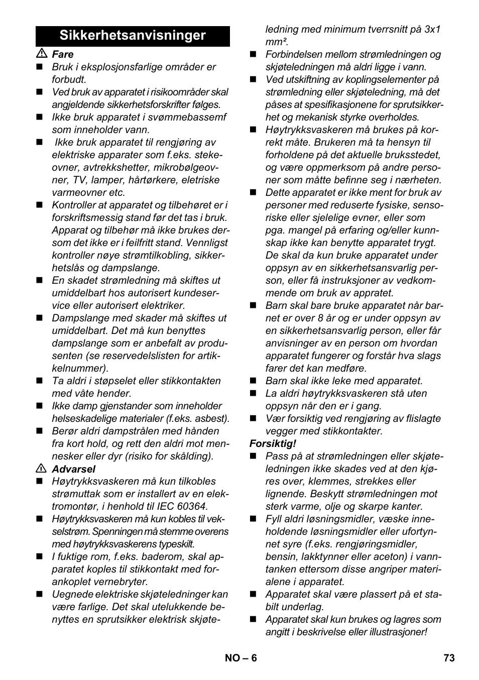 Sikkerhetsanvisninger | Karcher SC 3-000 User Manual | Page 73 / 246