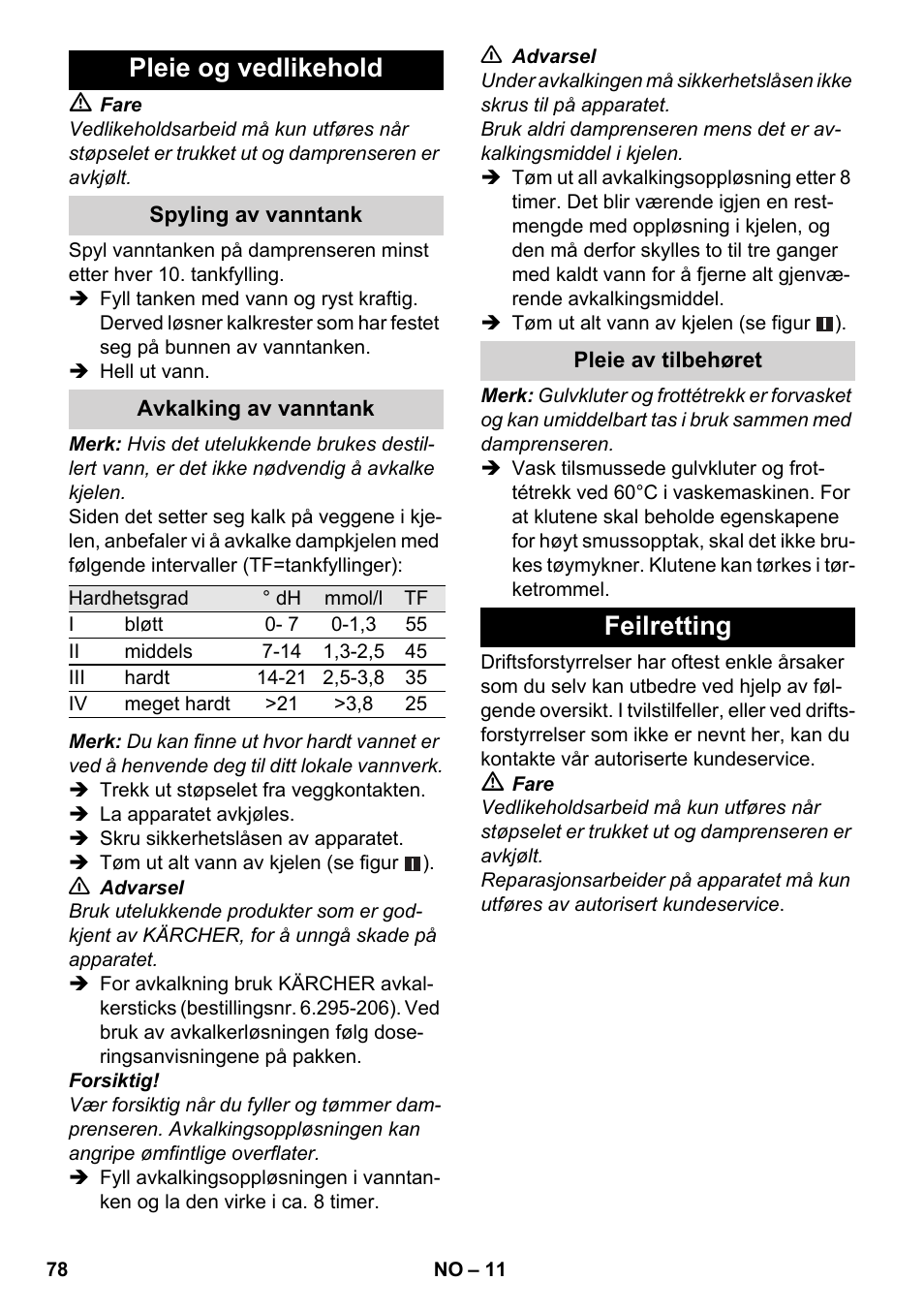 Pleie og vedlikehold, Feilretting | Karcher SC 3-000 User Manual | Page 78 / 246