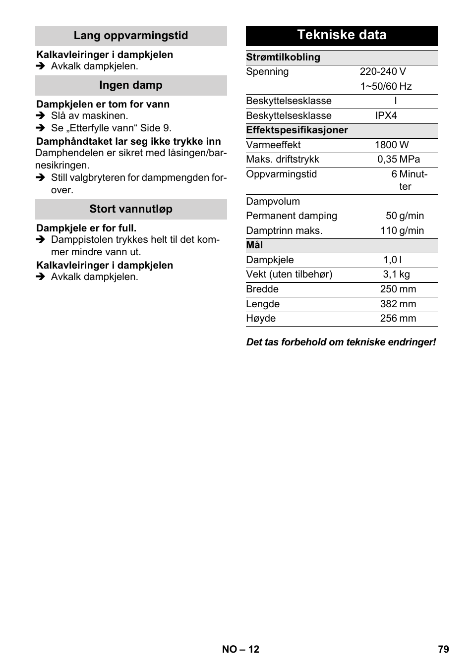 Tekniske data | Karcher SC 3-000 User Manual | Page 79 / 246
