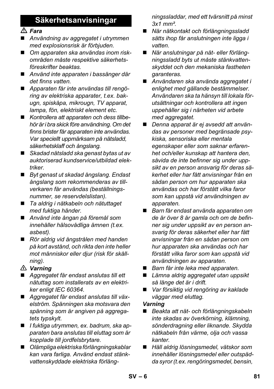 Säkerhetsanvisningar | Karcher SC 3-000 User Manual | Page 81 / 246