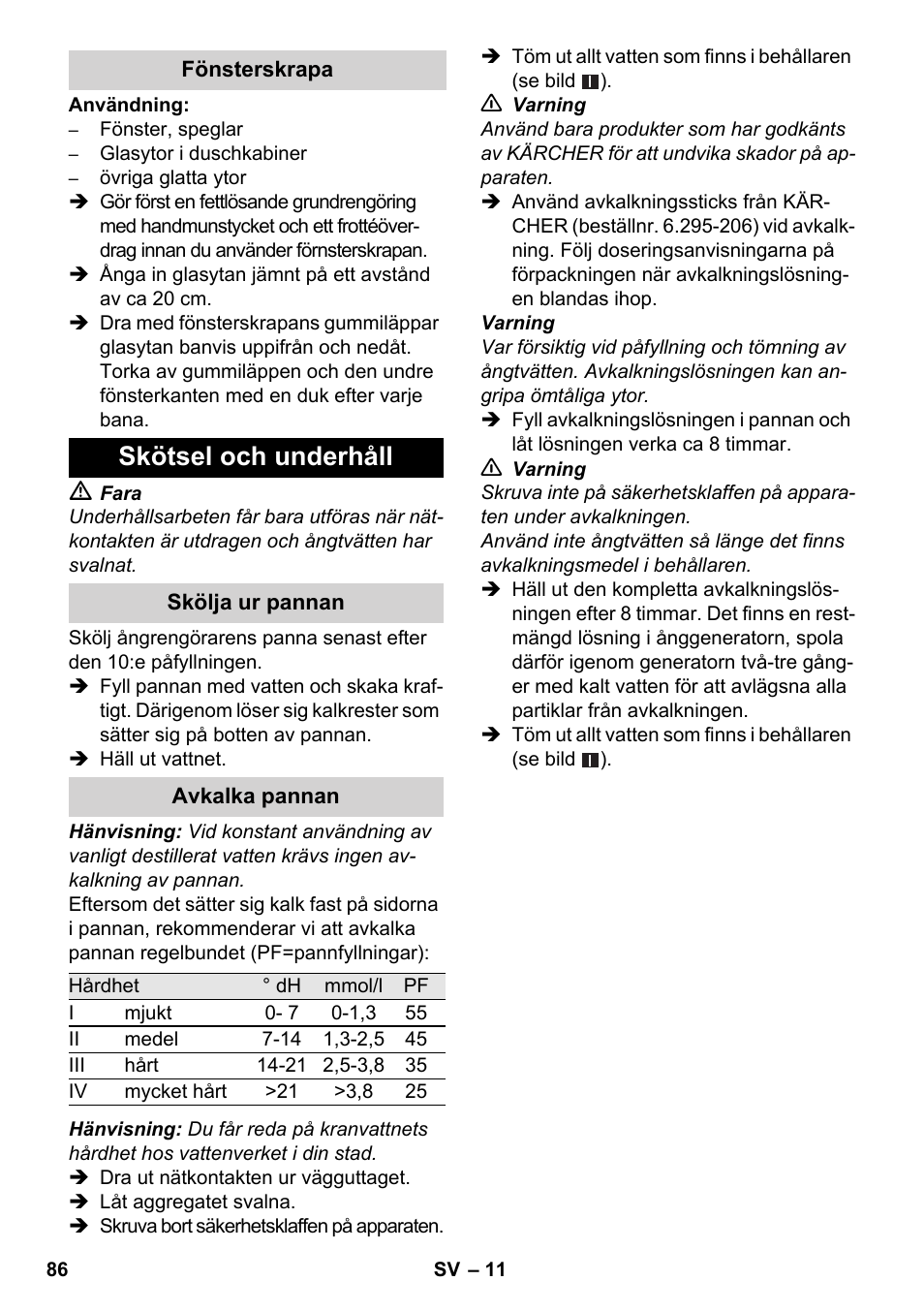 Skötsel och underhåll | Karcher SC 3-000 User Manual | Page 86 / 246