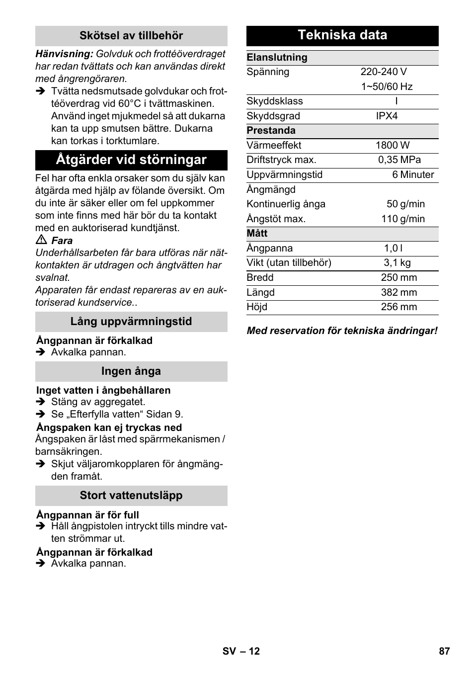 Åtgärder vid störningar, Tekniska data | Karcher SC 3-000 User Manual | Page 87 / 246