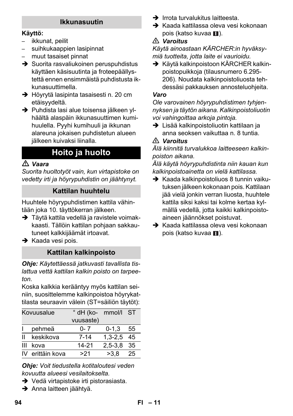 Hoito ja huolto | Karcher SC 3-000 User Manual | Page 94 / 246
