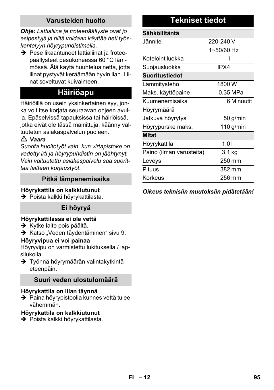 Häiriöapu, Tekniset tiedot | Karcher SC 3-000 User Manual | Page 95 / 246