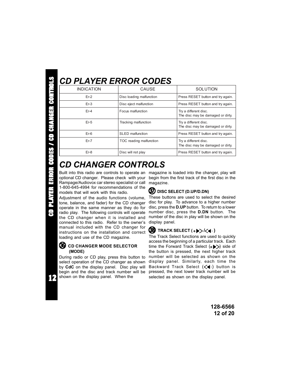 Cd player error codes, Cd changer controls | Audiovox Rampage ACD95 User Manual | Page 12 / 20