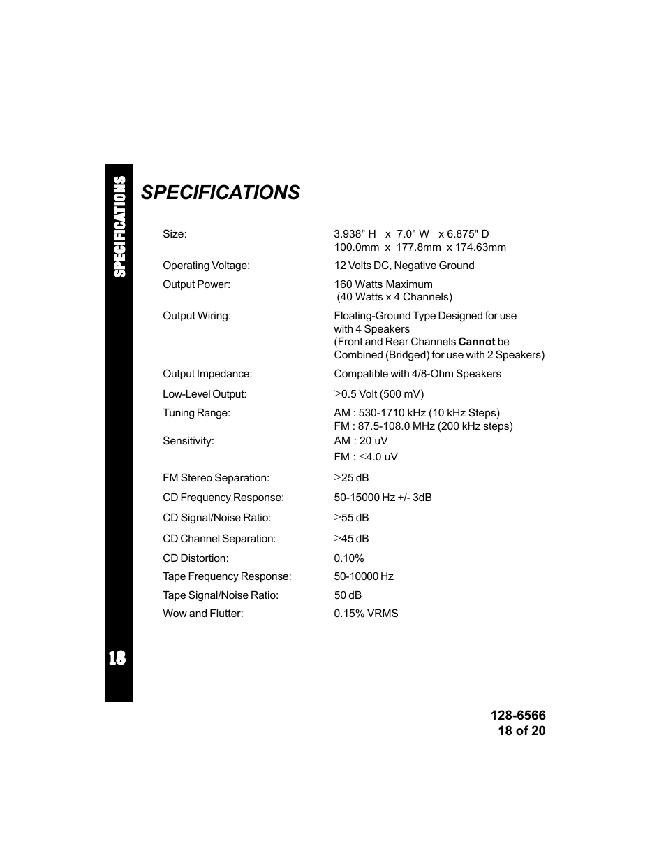 Specifications | Audiovox Rampage ACD95 User Manual | Page 18 / 20