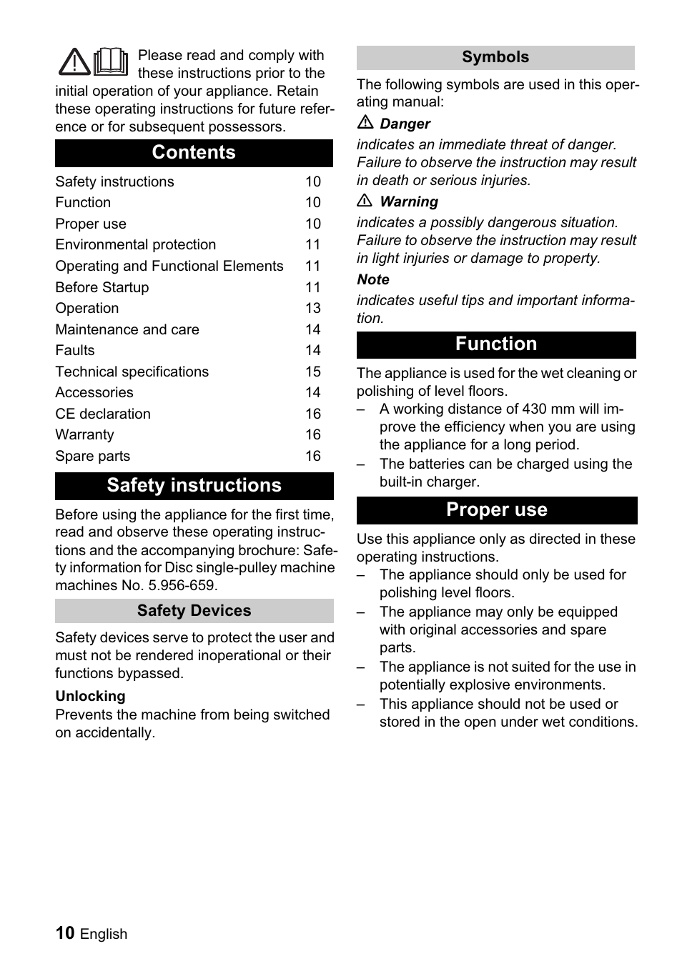 Contents safety instructions, Function proper use | Karcher BDP 43-1500 C Bp User Manual | Page 10 / 132