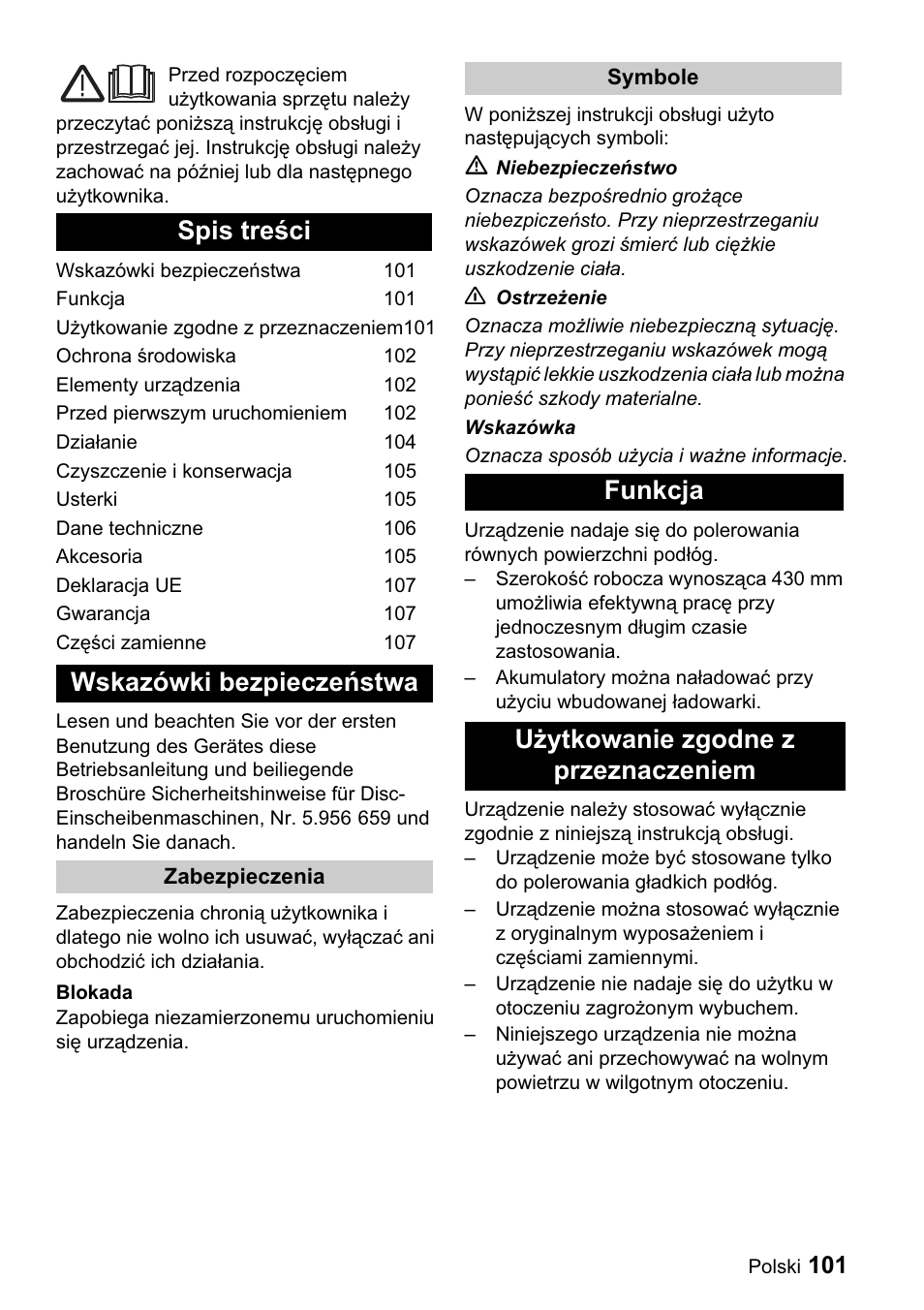 Spis treğci wskazówki bezpieczeĕstwa, Funkcja uīytkowanie zgodne z przeznaczeniem | Karcher BDP 43-1500 C Bp User Manual | Page 101 / 132