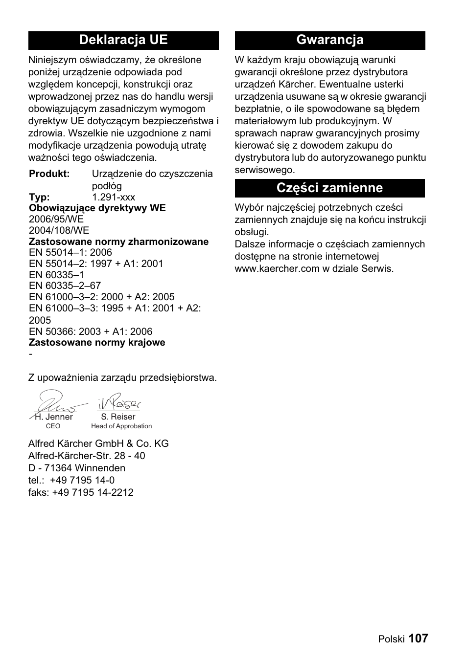 Deklaracja ue, Gwarancja czċğci zamienne | Karcher BDP 43-1500 C Bp User Manual | Page 107 / 132