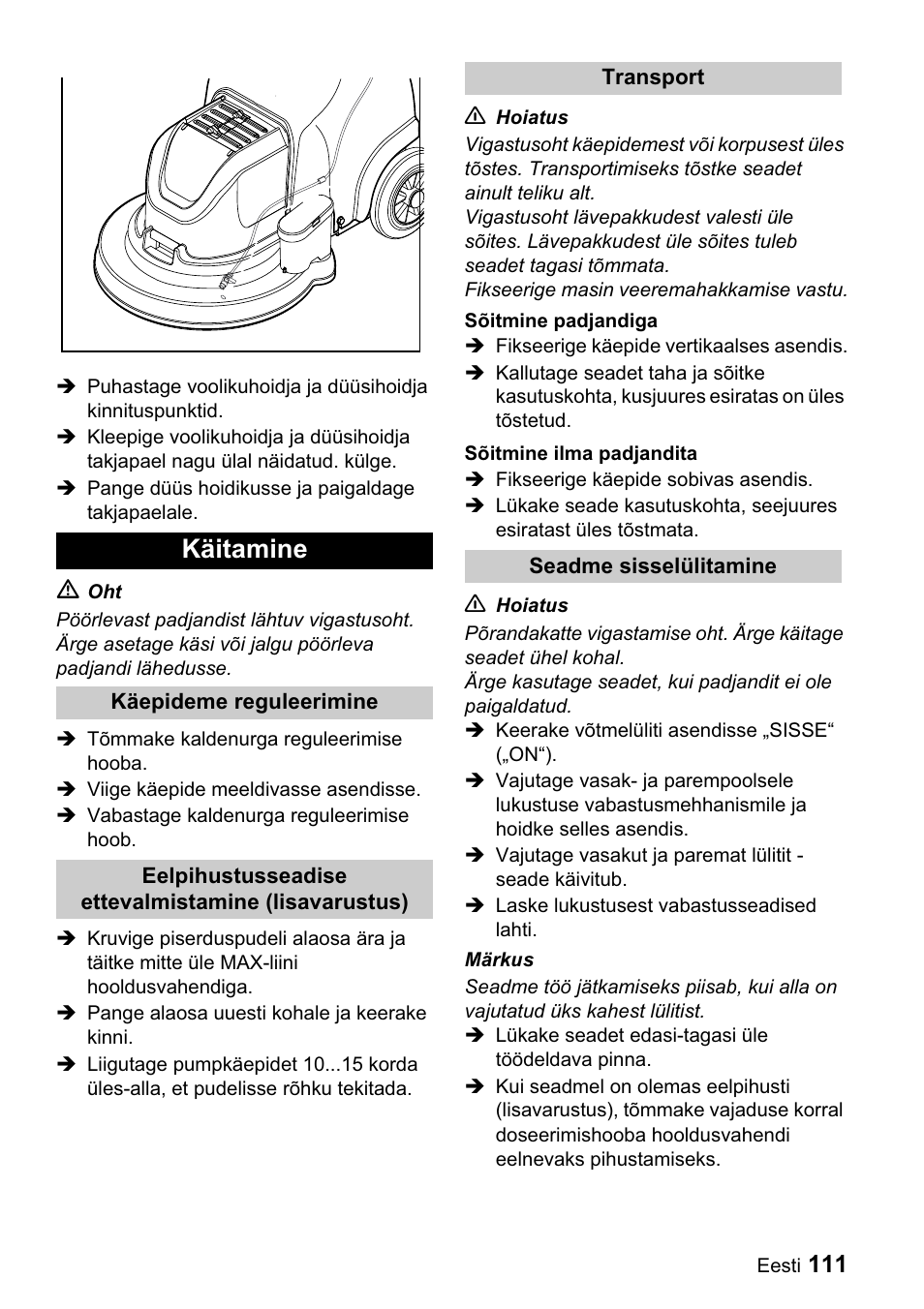 Käitamine | Karcher BDP 43-1500 C Bp User Manual | Page 111 / 132