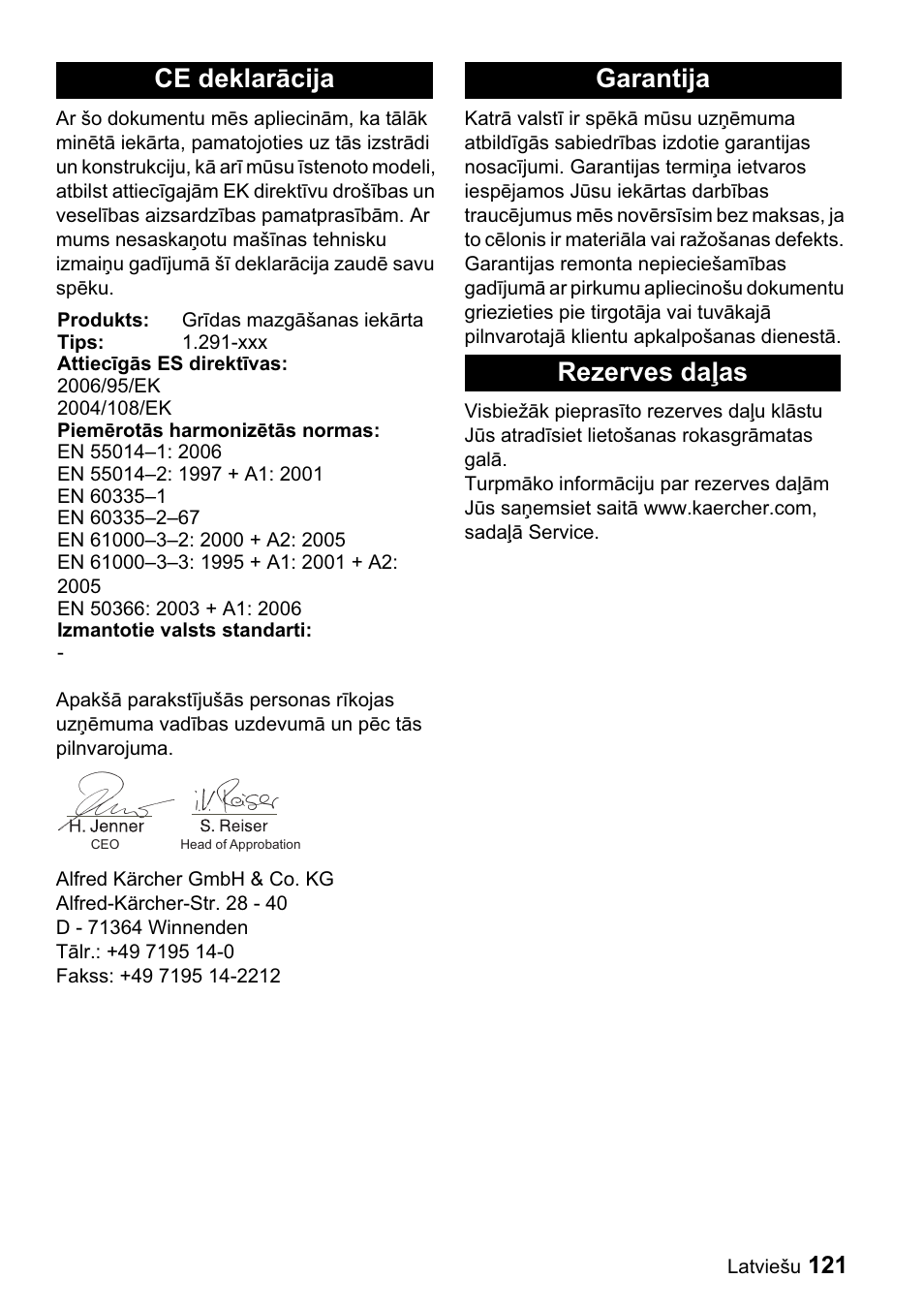 Ce deklarɨcija, Garantija rezerves daƺas | Karcher BDP 43-1500 C Bp User Manual | Page 121 / 132
