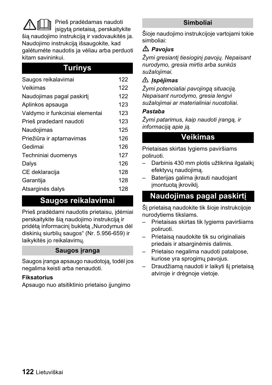 Turinys saugos reikalavimai, Veikimas naudojimas pagal paskirtƴ | Karcher BDP 43-1500 C Bp User Manual | Page 122 / 132