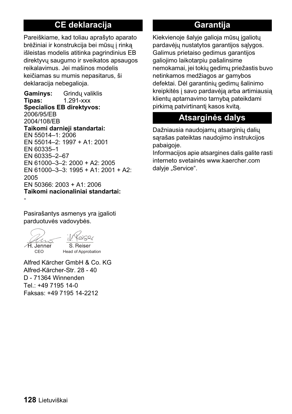 Ce deklaracija, Garantija atsarginơs dalys | Karcher BDP 43-1500 C Bp User Manual | Page 128 / 132